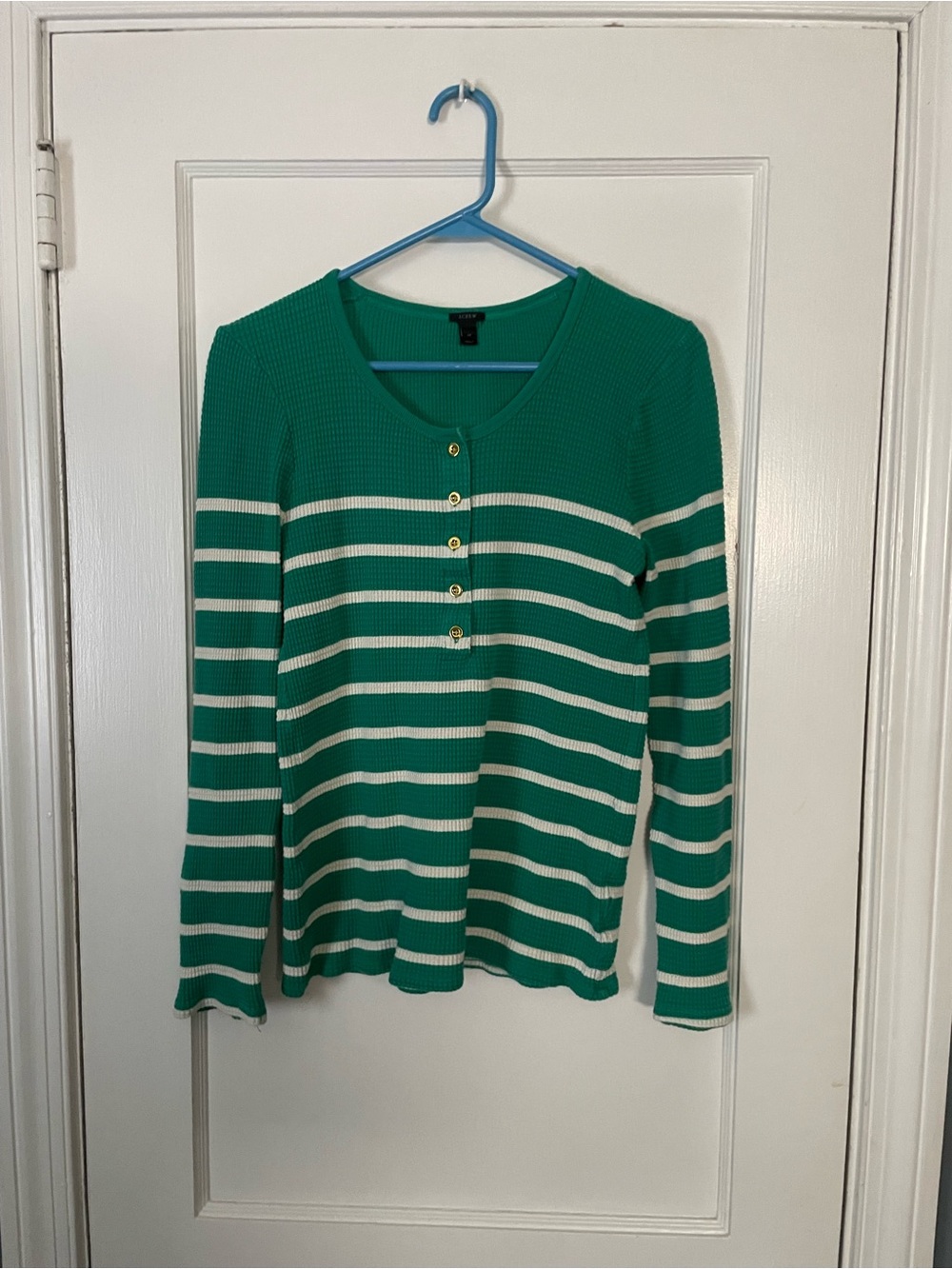 J. Crew Green/White Striped Scoop-Neck Button Pullover Sz M Waffle Knit Henley